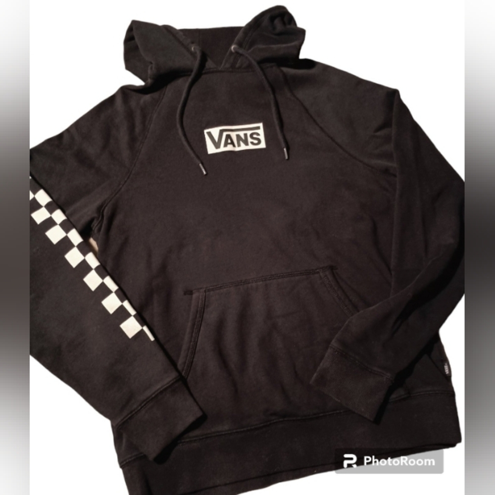 Men's Vans Black Hoodie Sweatshirt w/ Checkered  Stripe Sleeve
